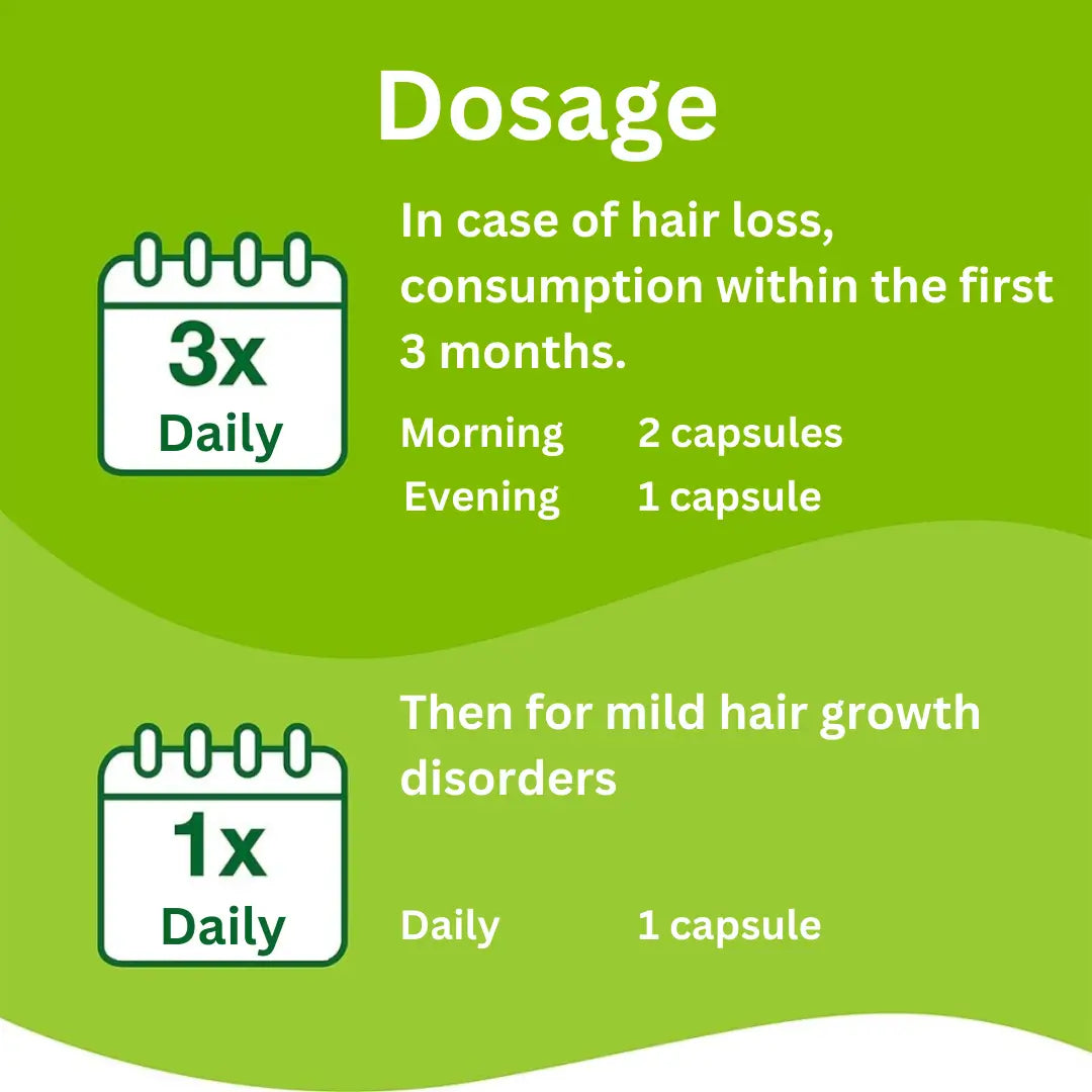 I case of hair loss consumption within the first 3 months should be 2 capsules in the morning an 1 in the evening. Then, for mild hair growth disordes take 1 capsule per day.