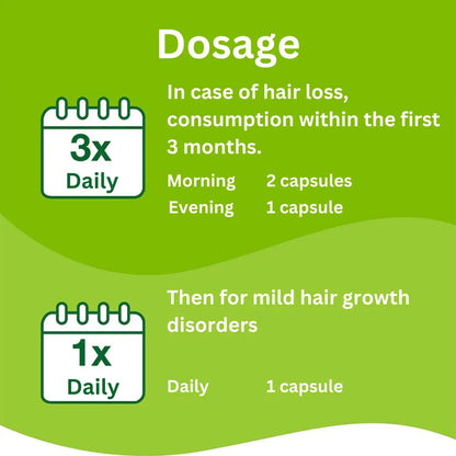 I case of hair loss consumption within the first 3 months should be 2 capsules in the morning an 1 in the evening. Then, for mild hair growth disordes take 1 capsule per day.