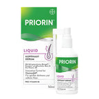 A bottle of PRIORIN Liquid Kopfhaut Serum next to its retail box, featuring a white and green color scheme with purple accents, on a plain white background.