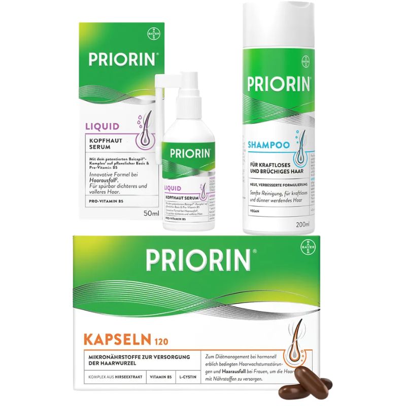 A set of Priorin hair care products on a plain white background, including a shampoo bottle, a liquid serum bottle, and a box of capsules. The packaging features a white and green color scheme with German text.