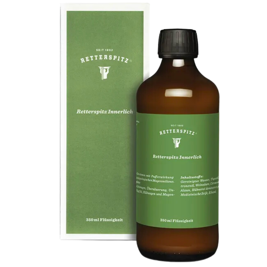 Retterspitz Innerlich is a liquid adjusted to the normal state of the gastric juice with a buffering effect to create the physiological stomach environment for heartburn, irritable stomach, hypoacidity, hyperacidity, feeling of fullness, flatulence and stomach pain.