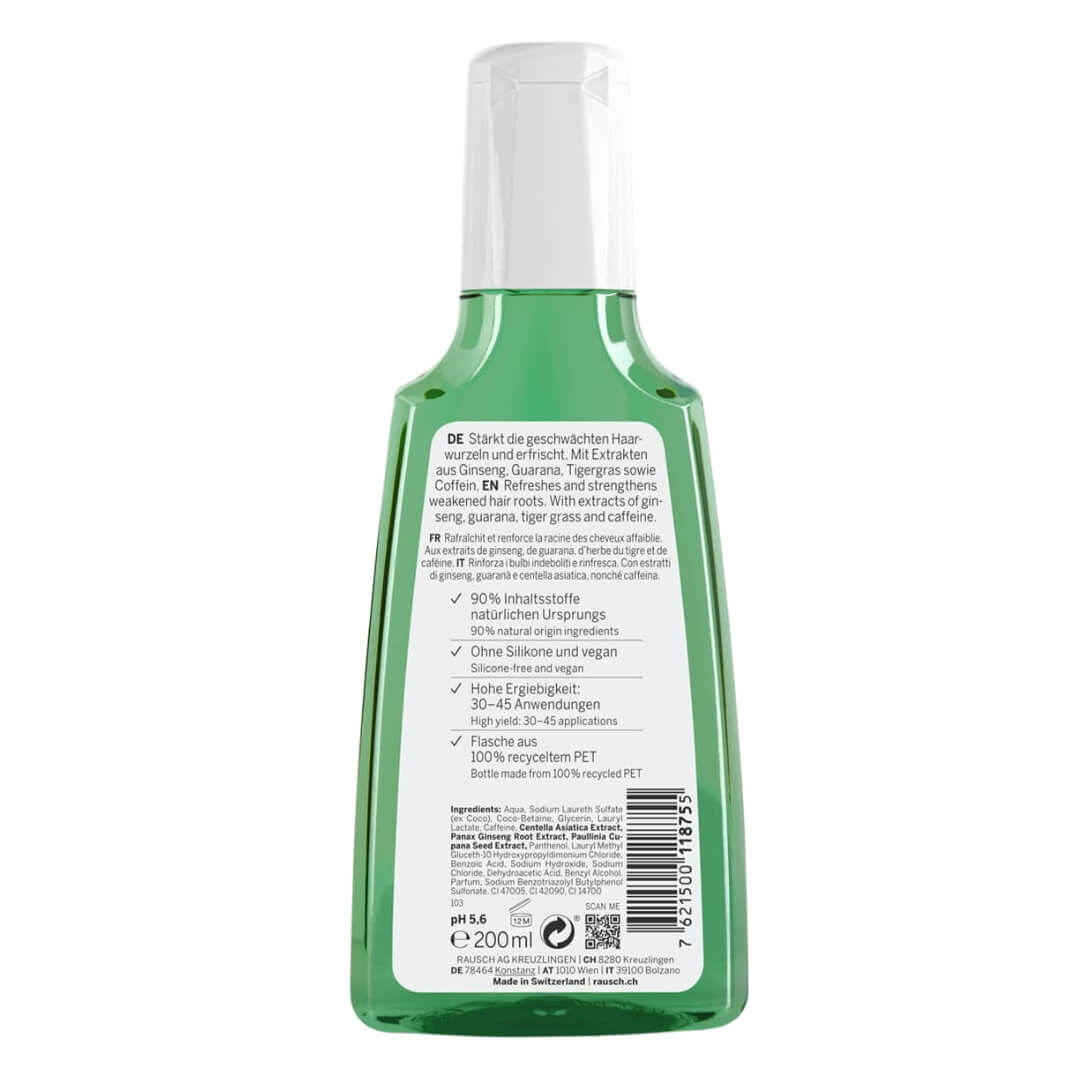 Description on the back of the Rausch shampoo bottle: Refreshes and strengthens weakened hair roots. With extracts of ginseng, guarana, tiger grass and caffeine.