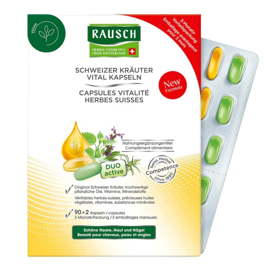 Developed in Switzerland, Rausch Swiss Herbal Vitality Capsules (3 Months)&nbsp;for beautiful hair, skin and nails 