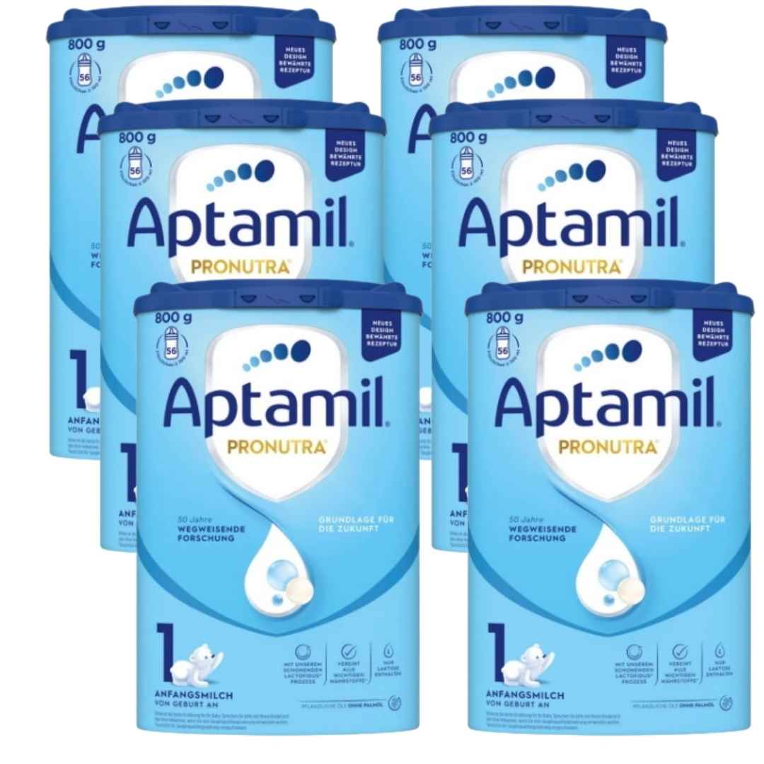 6 packs of Aptamil Pronutra baby formula Pack of 6 x 800g. on a white background
