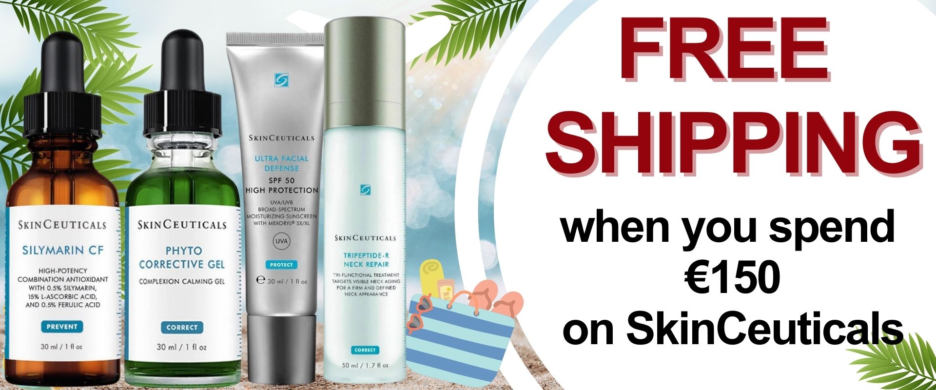 Free International Shipping if you spend 150€ on SkinCeuticals - For example, Silymarin CF Serum and Phyto Corrective Gel.