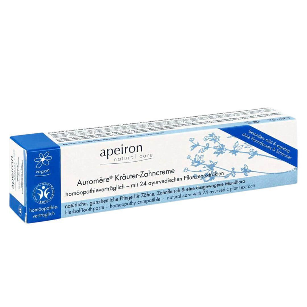 Apeiron Auromere Ayurvedic Toothpaste with 24 Ayurvedic plant extracts is designed for shaping strong teeth without added fluroides, surfactants and foaming fillers counteracrts tooth decay.&nbsp;