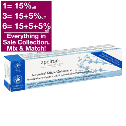 Apeiron Auromere Ayurvedic Toothpaste with 24 Ayurvedic plant extracts is designed for shaping strong teeth without added fluroides, surfactants and foaming fillers counteracrts tooth decay.&nbsp;