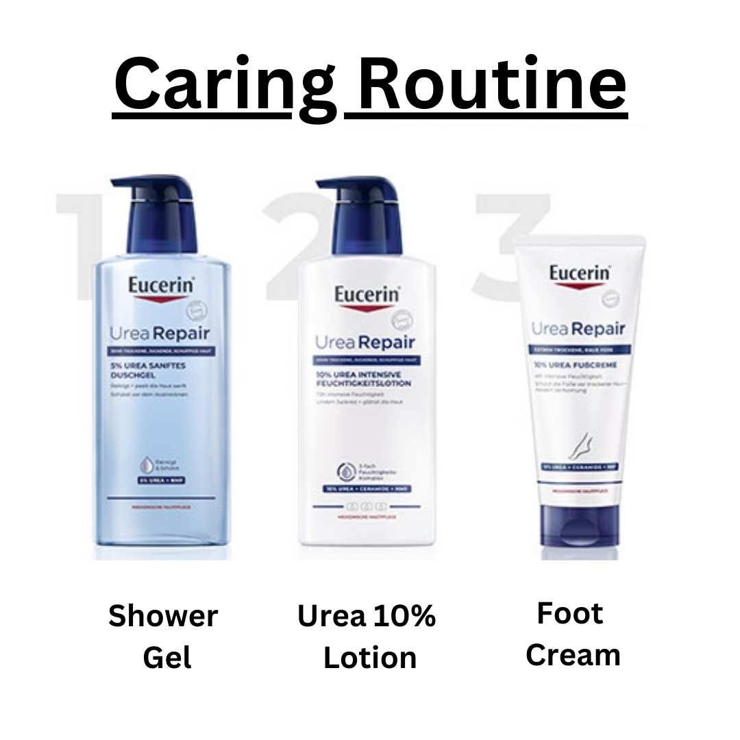 Eucerin Urea Repair skin care routine: 1. Shower Gel 2. Urea 10% lotion 3. Foot cream