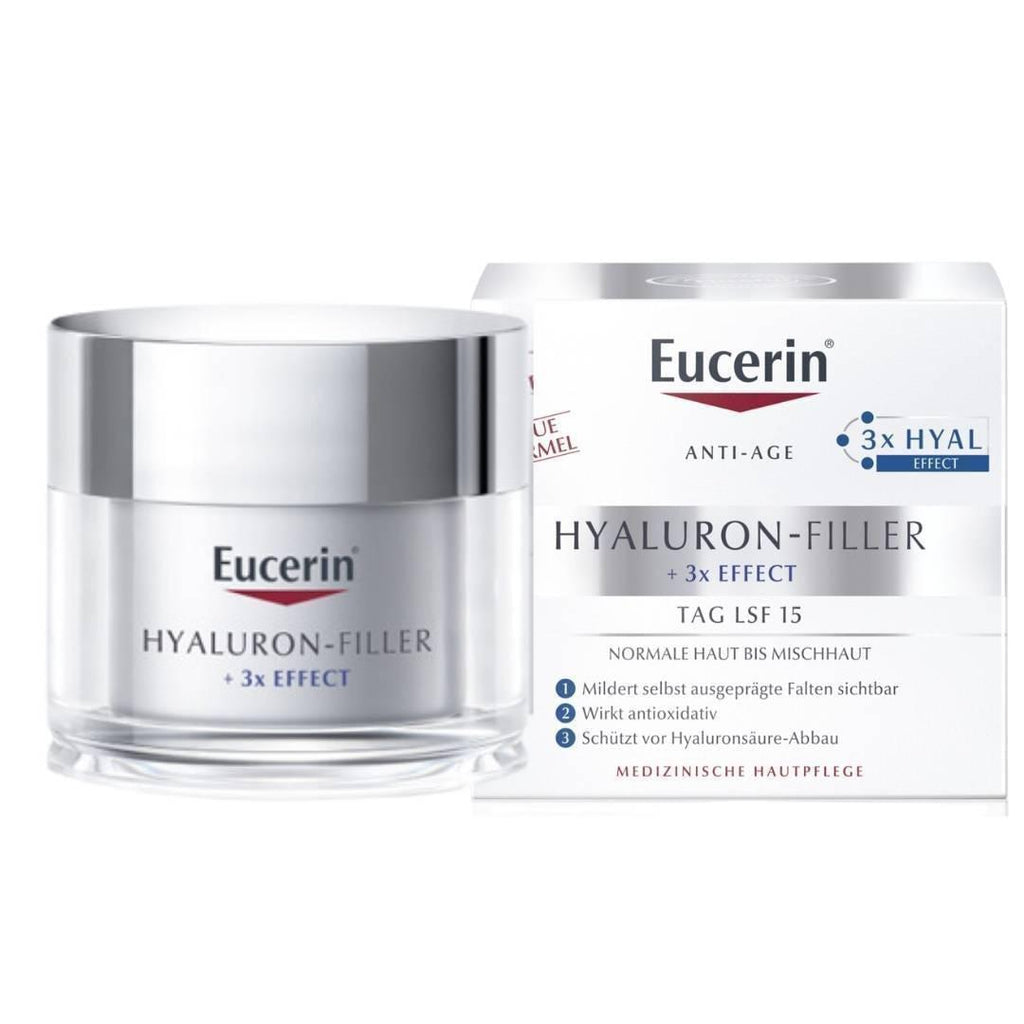 Eucerin Hyaluron-Filler Day Cream is an anti-age day cream for normal to combination skin with SPF 15 + UVA protection and active ingredients