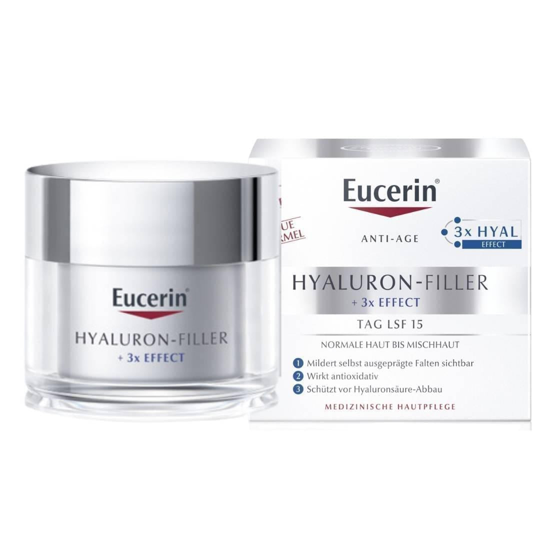 Eucerin Hyaluron-Filler Day Cream is an anti-age day cream for normal to combination skin with SPF 15 + UVA protection and active ingredients