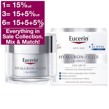 Eucerin Hyaluron-Filler Day Cream is an anti-age day cream for normal to combination skin with SPF 15 + UVA protection and active ingredients