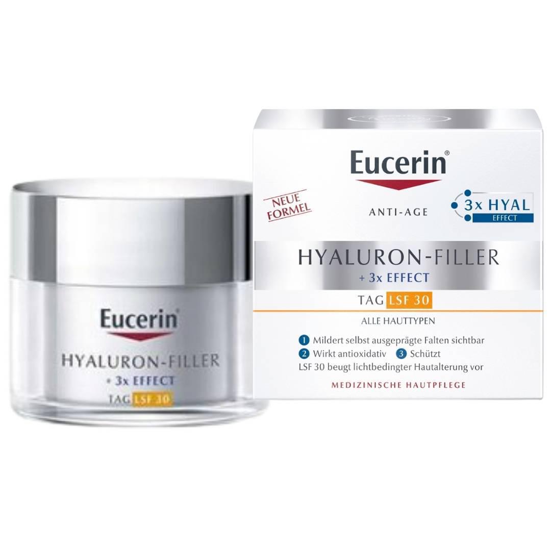 Eucerin Hyaluron-Filler Day Cream SPF 30 in a white jar with a purple label, indicating the product is for anti-aging and has SPF 30.