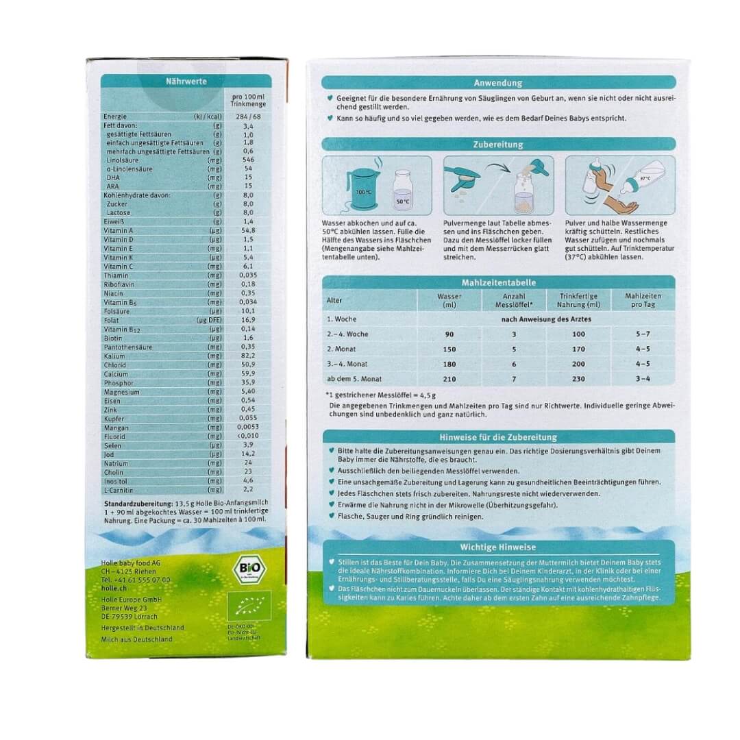 Holle organic infant milk formula 1 nutrition details