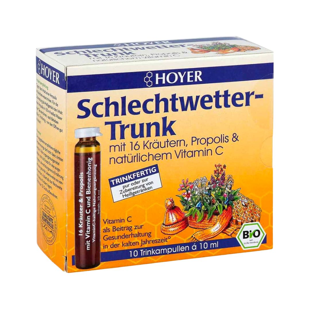 Hoyer Propolis Drink Bottles made with 16 herbs and propolis with acerola, a dietary supplement with natural vitamin C. Only high-quality bee products and carefully selected raw plant materials are carefully processed for the Hoyer wellness drink.