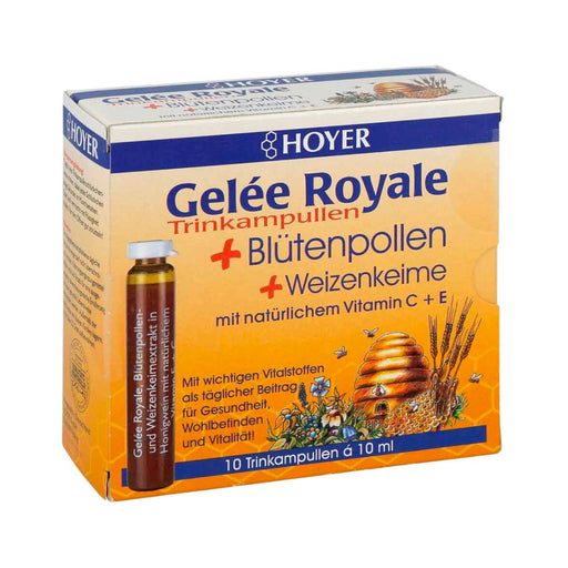 Hoyer Royal Jelly, Pollen, Wheat is a multi-vitamin drink for general well-being. formulated with royal jelly, propolis-extract and vitamin c from natural fruit source  This unique blend of natural ingredients helps support good health while providing immune system and energy boosting benefits.
