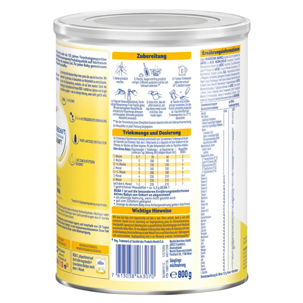 BEBA 1 Baby Formula indledende mælk (efter fødslen) - pakke med 6 x 800 g