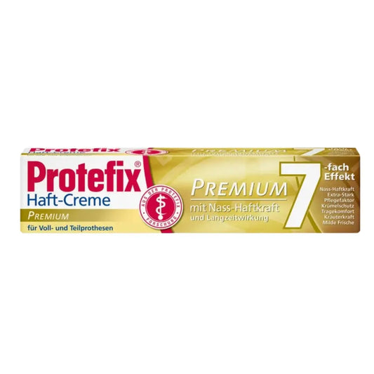 Protefix premium adhesive cream for dentures!&nbsp;The new Premium adhesive cream with 7-fold effect from Protefix. The Premium adhesive cream is recommended for difficult adhesive conditions as well as for excessive salivation.&nbsp;