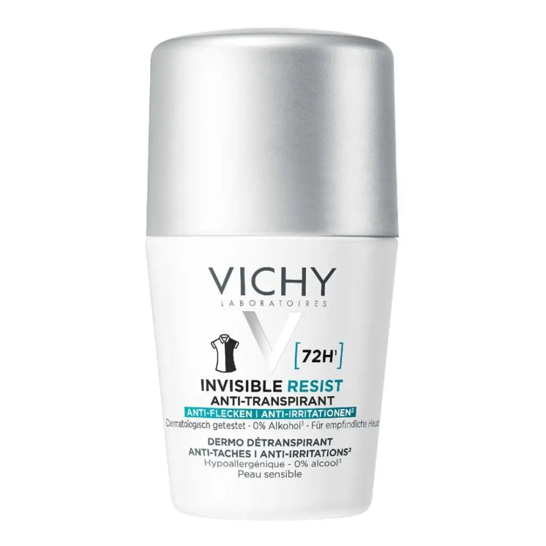 The Vichy Deodorant Roll-on 72h Anti-Stain Invisible regulates extreme sweating for up to 72 hours and, thanks to its anti-stain formula, leaves no yellowish and white residue on colored clothing. Thanks to the hypoallergenic active ingredient complex and the alcohol-free formula, the deodorant is particularly skin-friendly and therefore suitable for sensitive skin.