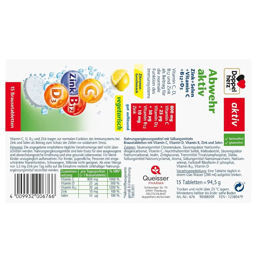 The Doppelherz package as a flat version showing the ingredients, consumption recommendation and nutritional value table in one glance