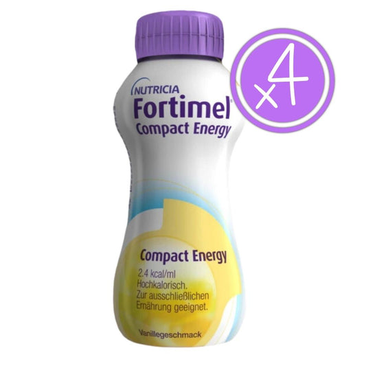 Fortimel Compact Energy drinking food vanilla is an energy-rich/high-calorie drinking food with all important nutrients in the required amount (fully balanced) and 29g protein concentrated in one bottle. For more energy with every sip!