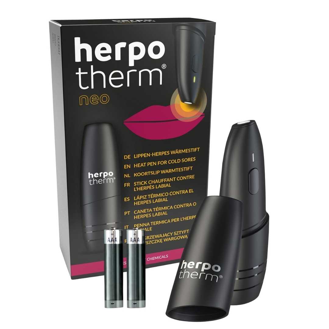 Packaging and product display of Herpotherm, a medical device for treating cold sore symptoms with concentrated heat, without chemical substances, in a black color scheme.