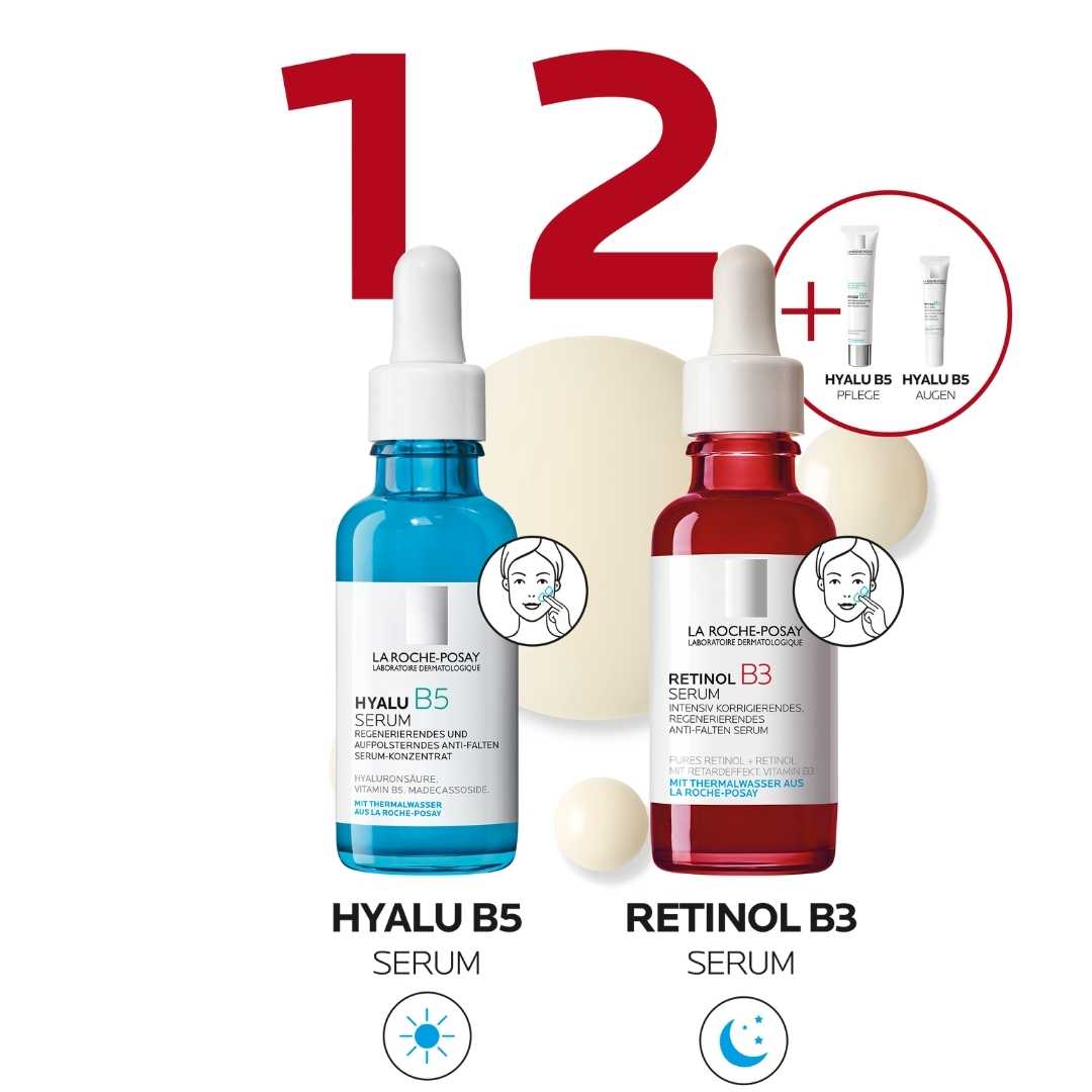 La Roche-Posay recommended skin care routine: Use Hyalu B5 serum first, then use Retinol B3 Serum + Hyalu B5 face cream and eye cream.