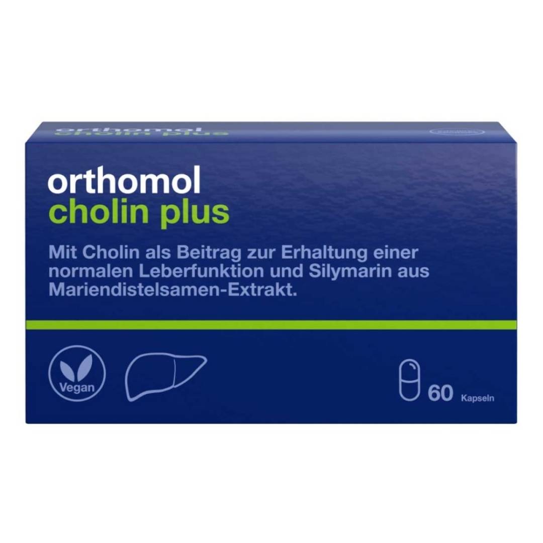 Package of Orthomol Cholin Plus, highlighting that cholin contributes to a normal liver function.