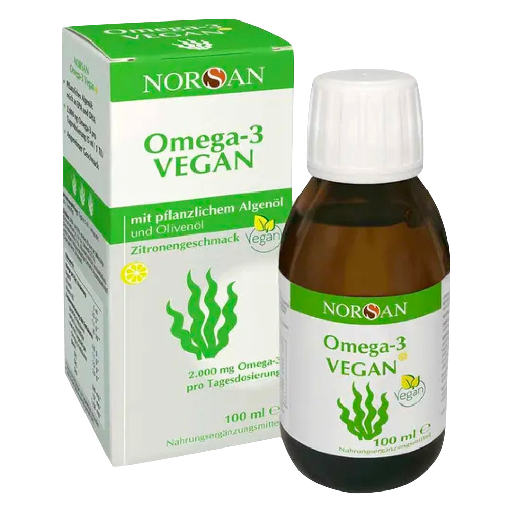 Package and glass bottle of Norsan Omega-3 Vegan with plant-based algae oil and olive oil
