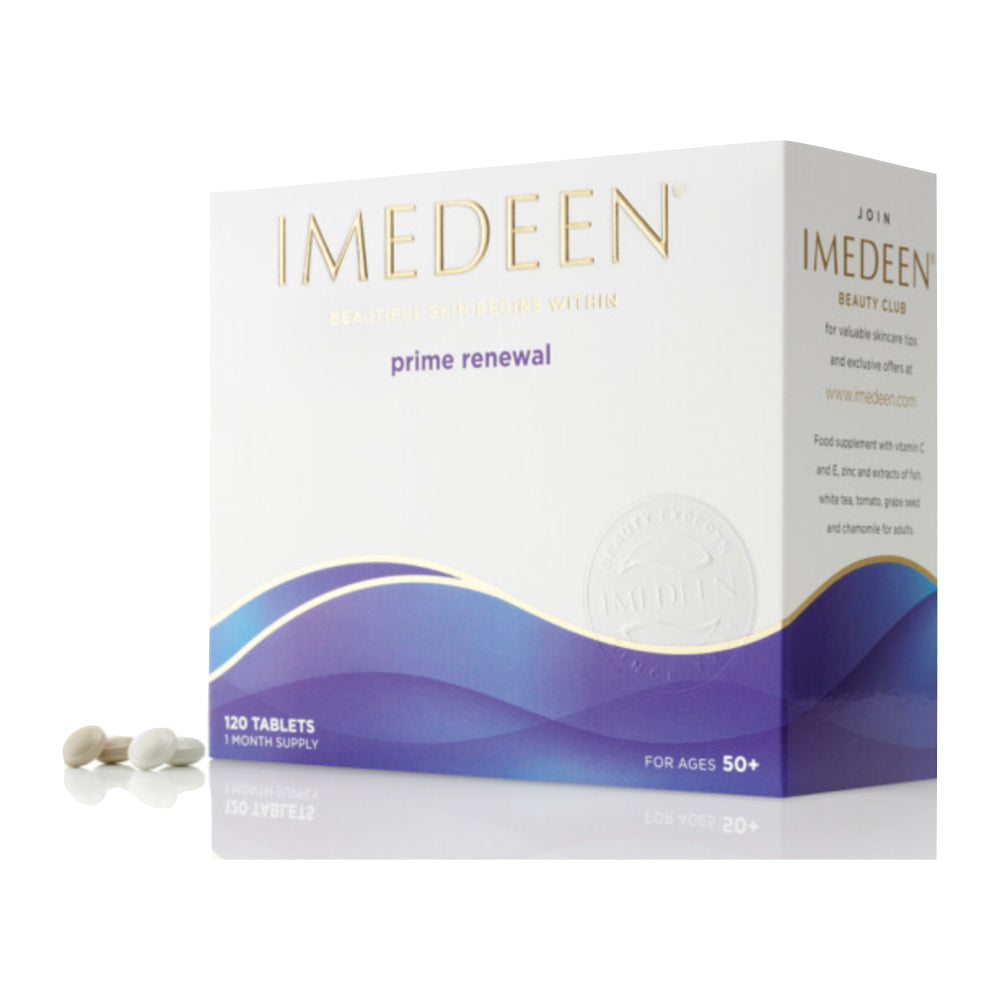 Packaging of Imedeen Prime Renewal anti-aging supplement for menopause treatment, showing a box with 120 tablets for ages 50+.