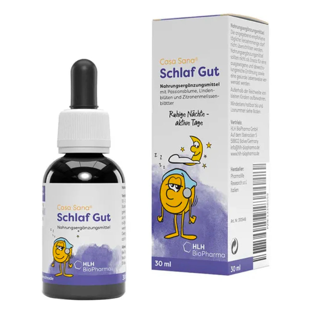 A product image showing Casa Sana Sleep Well, a herbal dietary supplement in a black dropper bottle with a colorful label featuring a cartoon character, next to its packaging box with the same design.