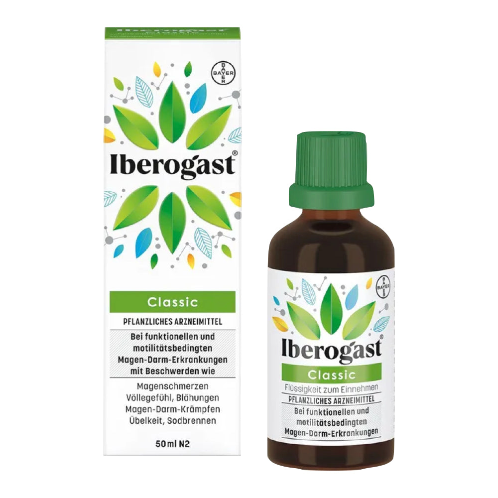 A product image showing a bottle of Iberogast Classic with its packaging box. The bottle is dark glass with a green cap, and the label has green and white colors with leaf illustrations.