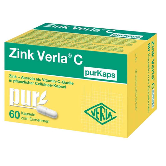 In a vegetable cellulose capsule. Zinc Verla C purKaps was developed for users who want to take zinc in as pure a form as possible and vitamin C in as natural a form as possible. With 10 mg zinc as organic zinc gluconate for good absorption into the body and 80 mg natural vitamin C from the acerola fruit. Both vital substances are necessary, among other things, for the function of the immune system, for healthy skin, better wound healing and for maintaining stable bones and for the antioxidant protection of