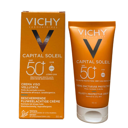 Vichy Capital Soleil Face Cream velvety protective crea with SPF 50+ to protect agains UVAs and UVBs, especially for normal to dry skin and sensitive skin.