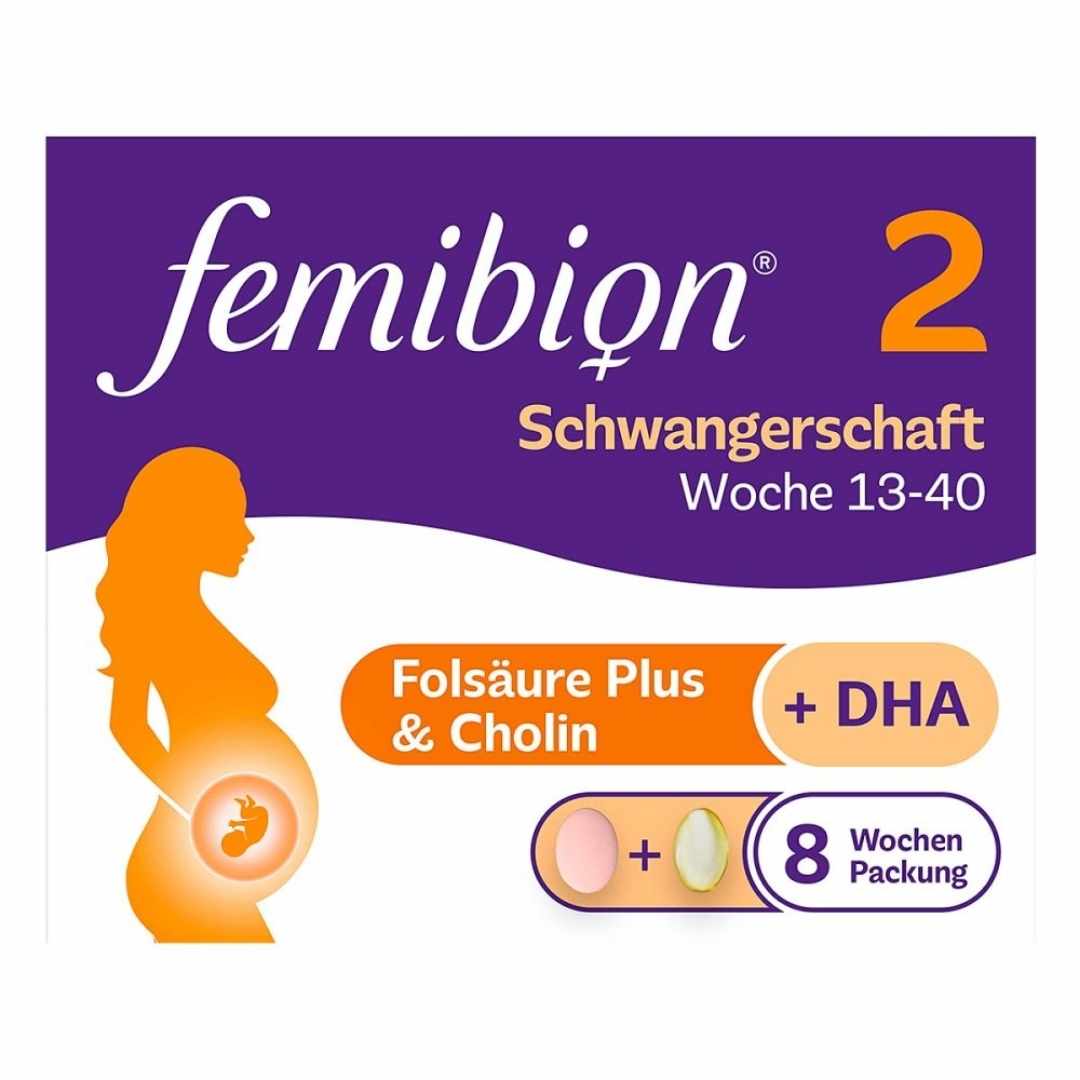 FEMIBION® 2 Pregnancy vitamins for the 2nd and 3rd trimester: With folic acid plus*, choline, DHA. As you enter the second trimester, you want to continue to give your baby a healthy start in life¹