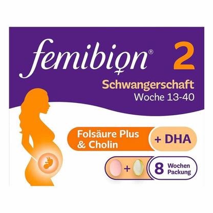 FEMIBION® 2 Pregnancy vitamins for the 2nd and 3rd trimester: With folic acid plus*, choline, DHA. As you enter the second trimester, you want to continue to give your baby a healthy start in life¹