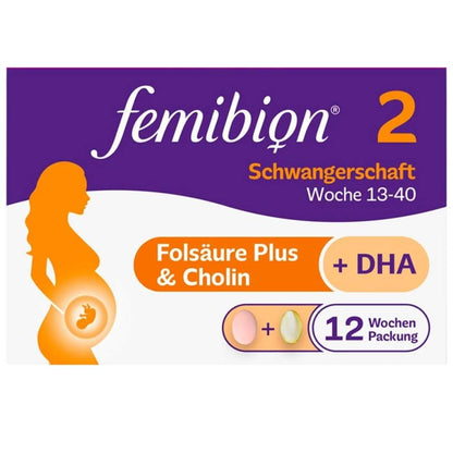 Femibion® 2 supports you with: Omega-3 fatty acid DHA to support the normal development of the baby's brain¹. Folic Acid Plus² (a combination of folic acid and L-methylfolate). Choline, an essential nutrient with an increased need during pregnancy³. Other selected nutrients tailored to your pregnancy phase