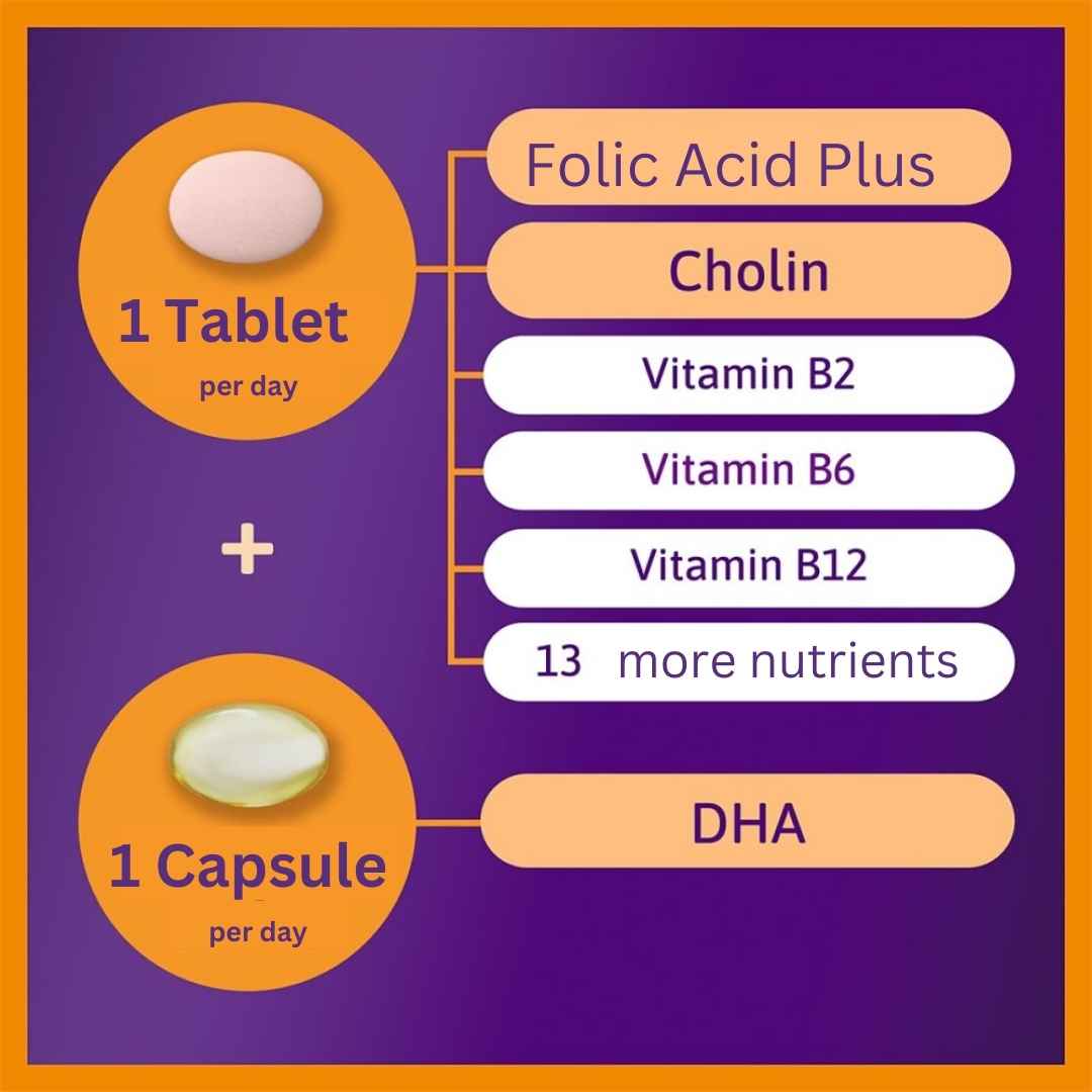 Overview of the various vitamins and minerals contained in the daily portion of 1 tablet and 1 capsule