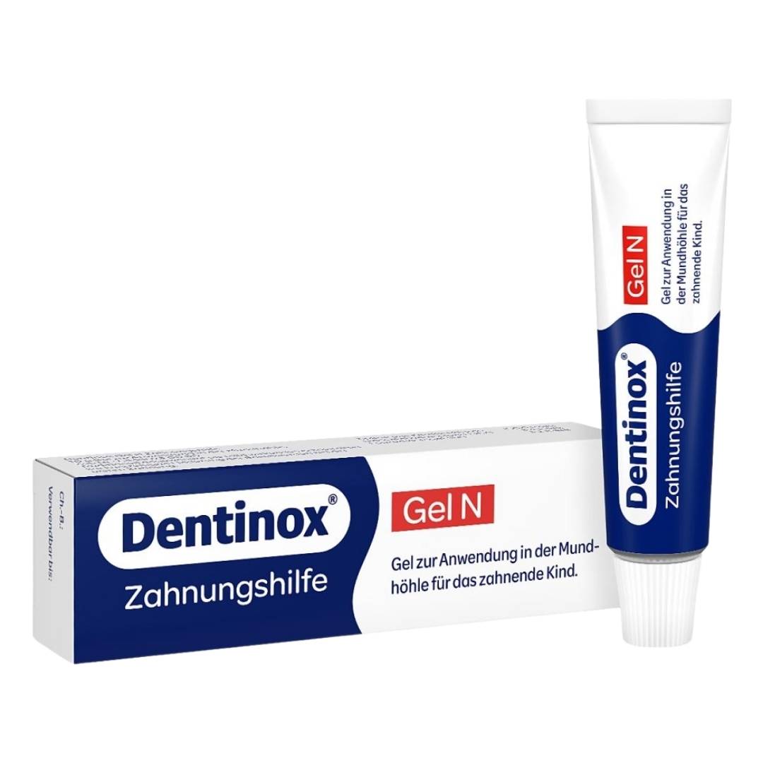 Packaging and tube of Dentinox N Teething Gel, old version