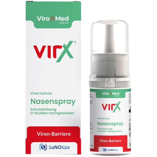 Virx Virus Protection Nasal Spray 25 ml - Front View": Clear front view of Virx Virus Protection Nasal Spray 25 ml bottle, highlighting the product label and logo