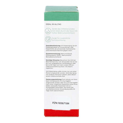 Virx Virus Protection Nasal Spray 25 ml - Side View": Side view of Virx Virus Protection Nasal Spray 25 ml bottle, showing detailed product information and usage instructions.
