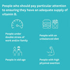 People who should pay particular attention to ensuring they have an adequate supply of vitamin B: People under double stress of work and/or family, People with an unbalanced diet, People in old age, People with high physical exertion.