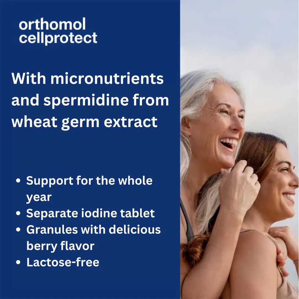 With micronutrients and spermidine from wheat germ extract. Support for the whole year; separate iodine tablet; granules with delicious berry flavor; lactose-free