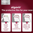 An infographic-style advertisement for Algovir® Cold Spray with a burgundy background. It features three illustrated panels showing how the nasal spray works: Panel 1 shows spraying into the nose with the text “At least 3 times daily, 1 spray per nostril.” Panel 2 shows a protective film forming inside the nose. Panel 3 illustrates viruses being enveloped and reduced. The header reads “algovir® – The protective film for your nose,” and the product logo appears in the top left.