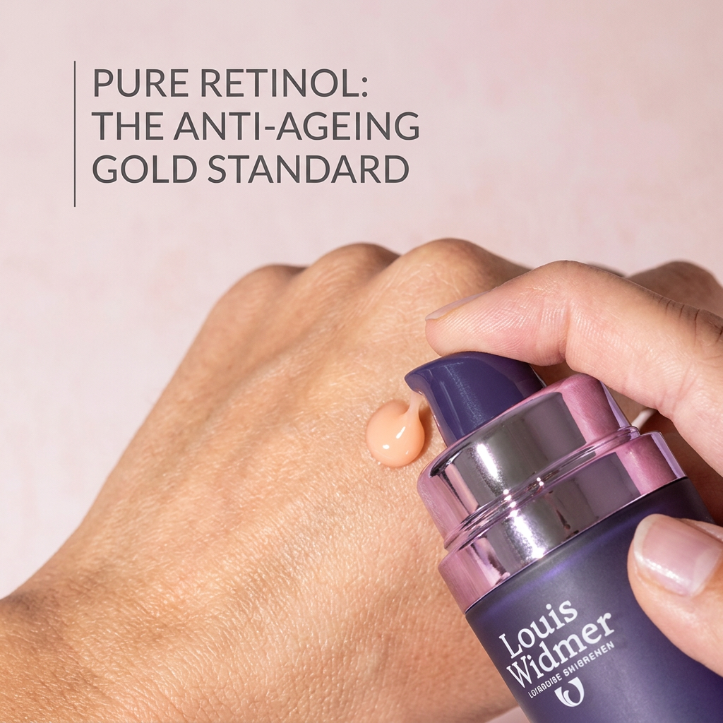 A close-up of a hand holding a Louis Widmer skincare pump bottle and dispensing a small dollop of beige retinol cream onto the back of another hand, with promotional text reading 'PURE RETINOL: THE ANTI-AGEING GOLD STANDARD' on a soft pink background.
