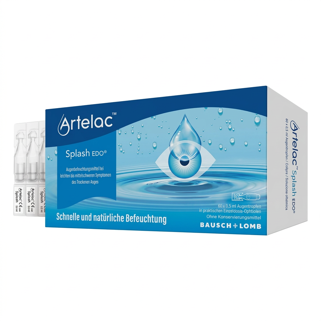 A box of Artelac Splash EDO eye drops alongside three individual glass vials, shown on a clean white background.