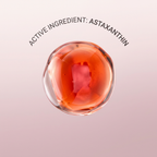 A translucent amber-orange astaxanthin droplet centered on a soft pink gradient background, with curved text above reading 'ACTIVE INGREDIENT: ASTAXANTHIN'.