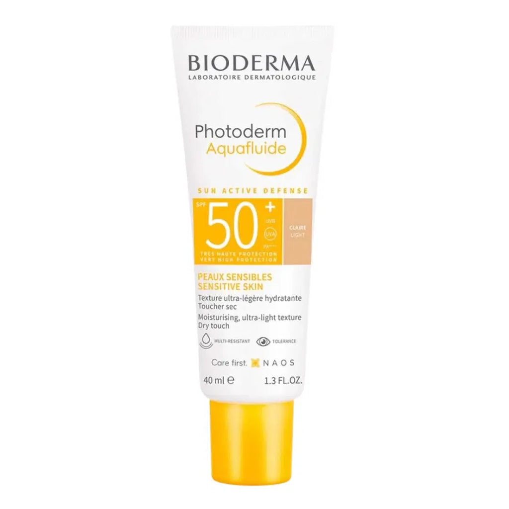 Front of the package tube of Bioderma Photoderm Aquafluid Tinted (Light) SPF 50+ 40 ml
