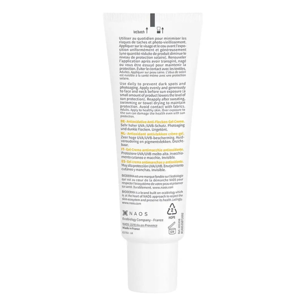 Back of the Bioderma Photoderm SPOT-AGE SPF 50+ 40 ml tube, showing the product description
