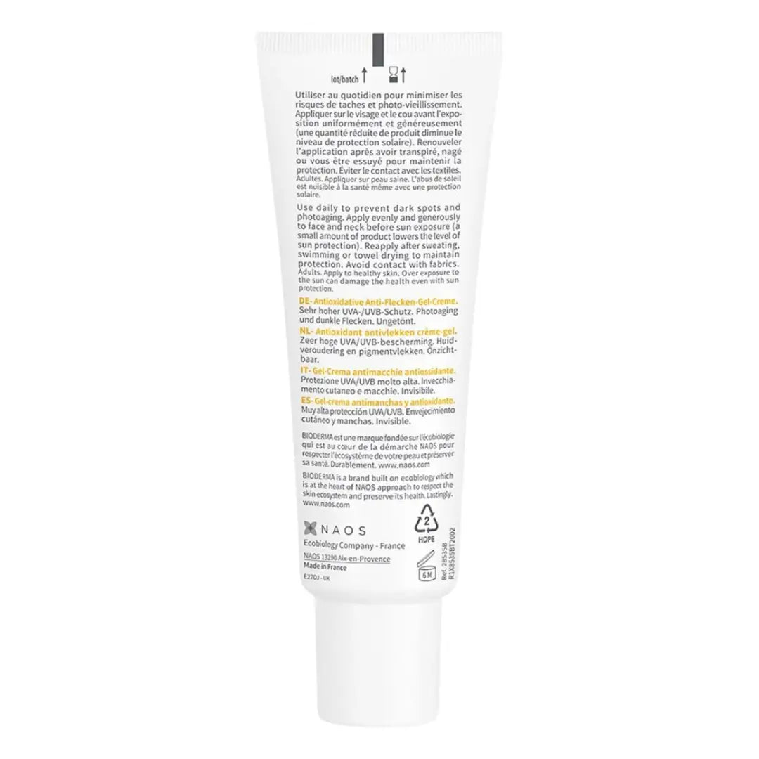 Back of the Bioderma Photoderm SPOT-AGE SPF 50+ 40 ml tube, showing the product description