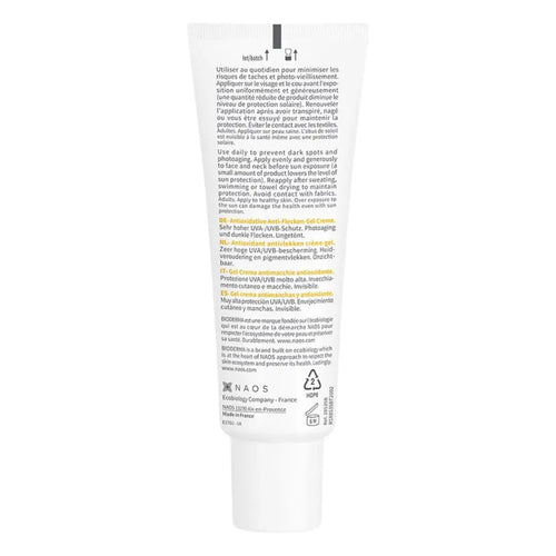 Back of the Bioderma Photoderm SPOT-AGE SPF 50+ 40 ml tube, showing the product description
